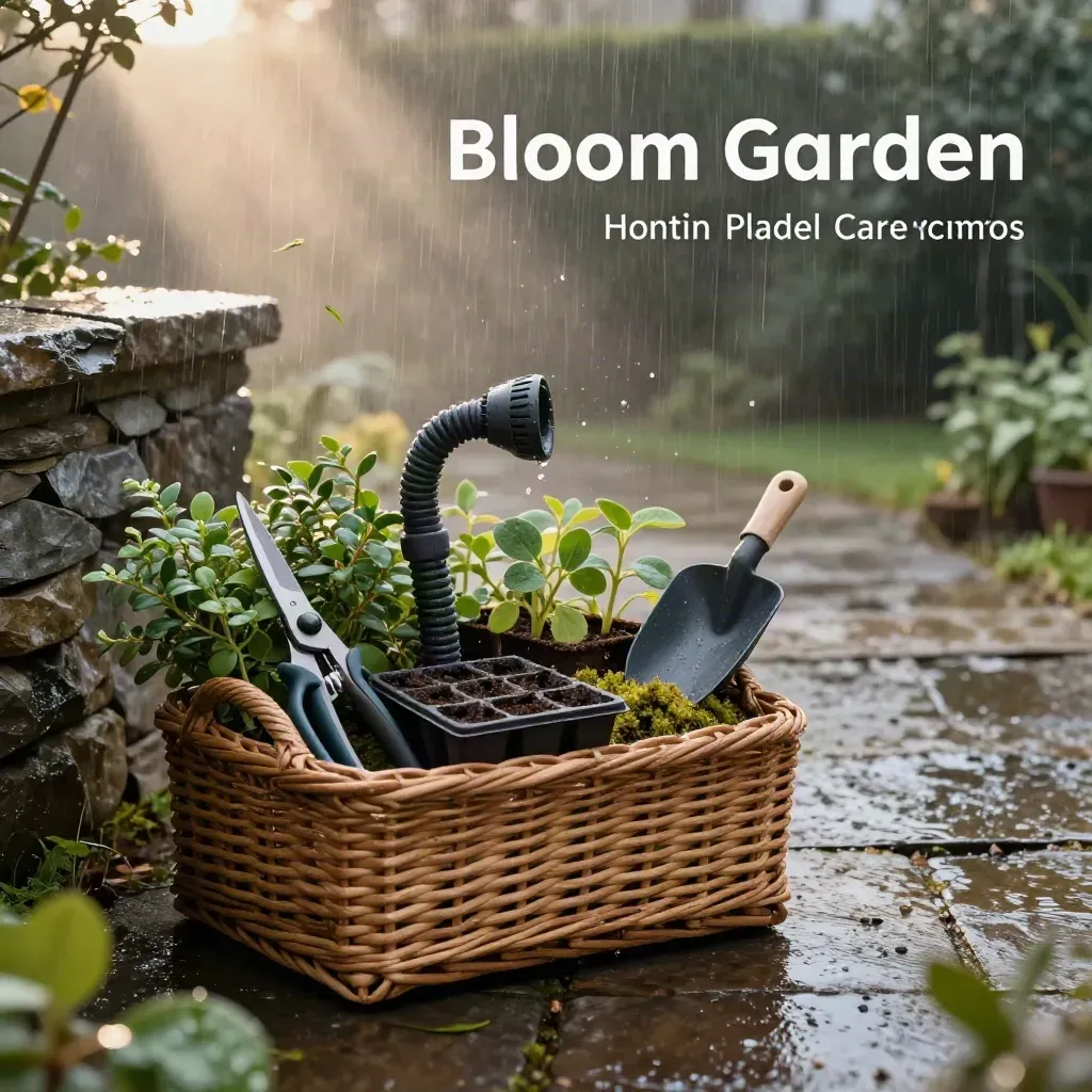 Hamper penjagaan taman bulanan dalam bakul rotan dengan gunting, hos dan anak pokok basah.