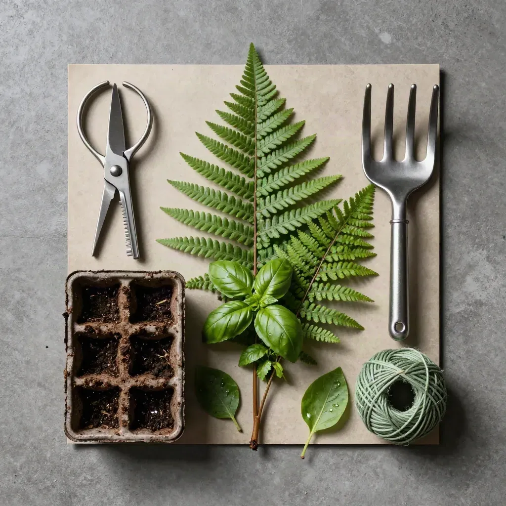 Flatlay alat penjagaan taman rumah di atas konkrit, gunting, dulang anak pokok, benang hijau dan daun paku
