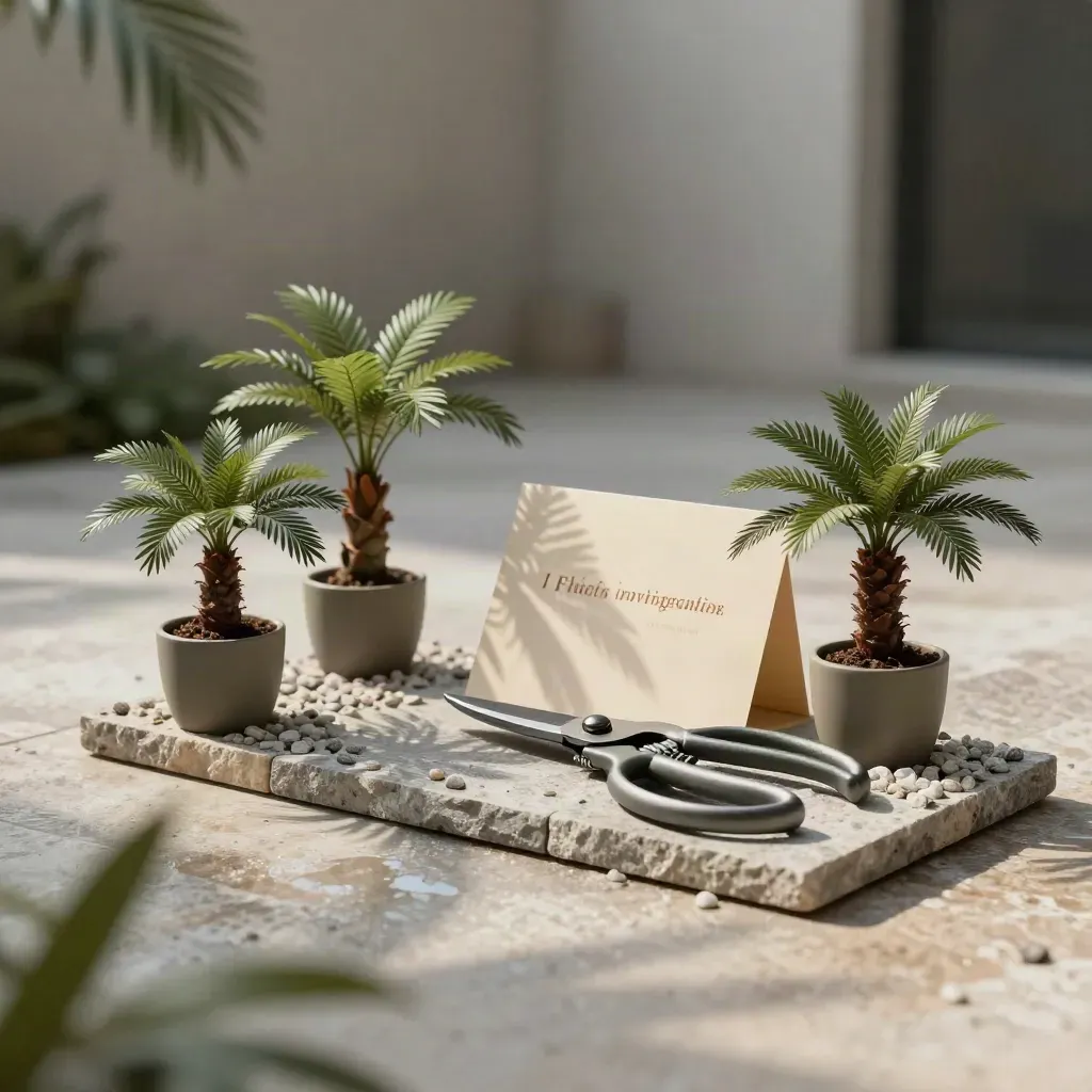 Kit penjagaan landskap pejabat dengan palma mini, kerikil, gunting pangkas dan bayang daun palma.