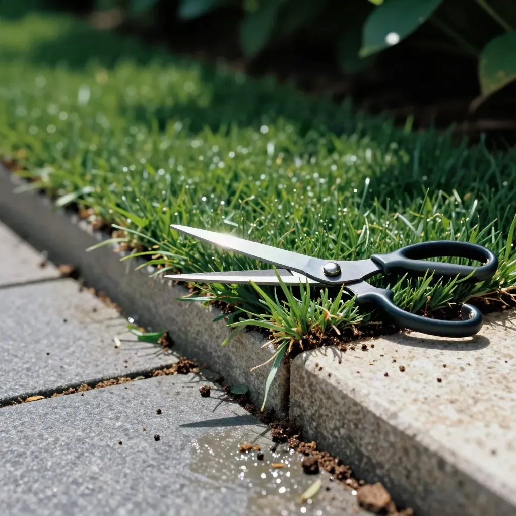 Rumput tepi dipotong kemas dengan gunting, tanah lembap dan serpihan rumput di atas batu