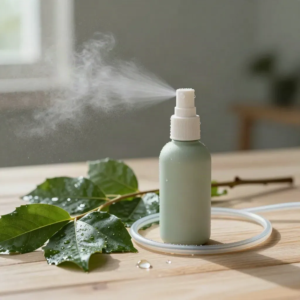 Penyembur kabus kecil di atas kayu cerah dengan daun basah dan wap halus.