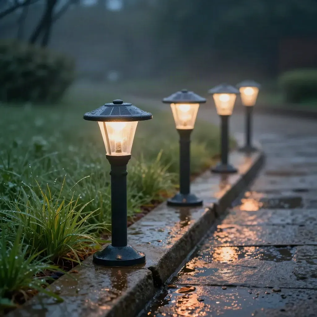 Empat lampu taman solar di batu basah dengan rumput berembun dan kabus senja.